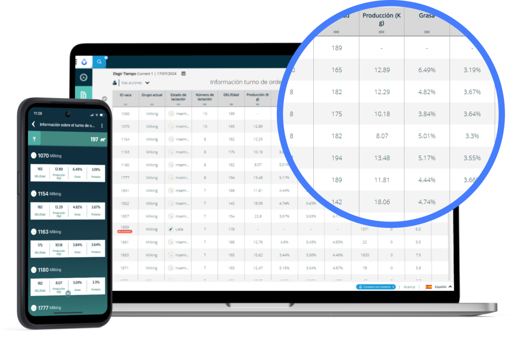 teléfono móvil y ordenador portátil con datos de SenseHub Dairy